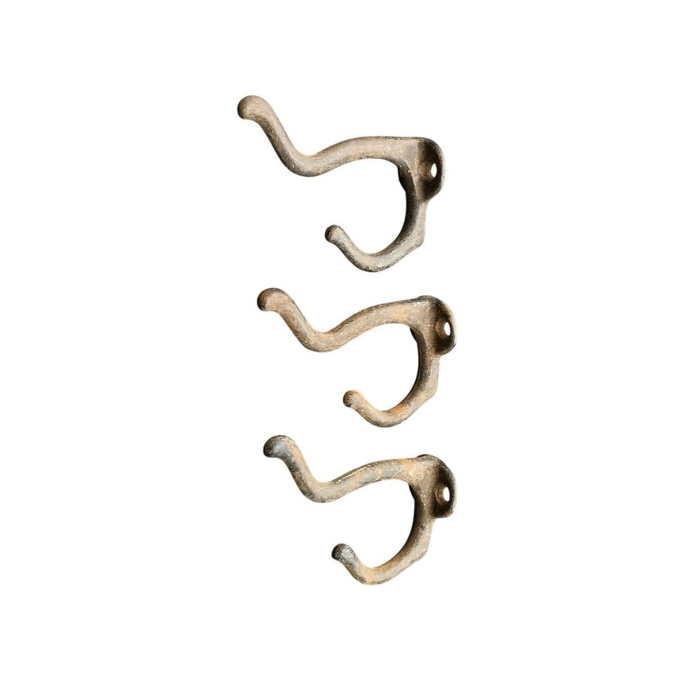 Antique Cast Iron Double Hook Hangers 3" Tall Set Of 3 Rustic Iron Finish Vintag